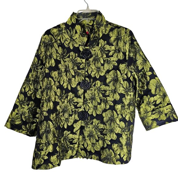 Ic By Connie K Floral Jacquard Jacket XL Black Lime Green Artsy Buttons Pleated - Picture 1 of 12
